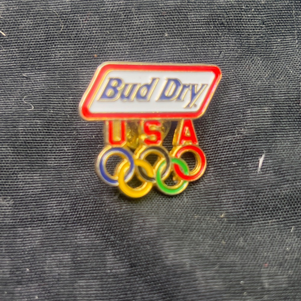 Vintage Bud Dry USA Olympic Rings Enamel Lapel Pin Gold Tone Beer Collectible